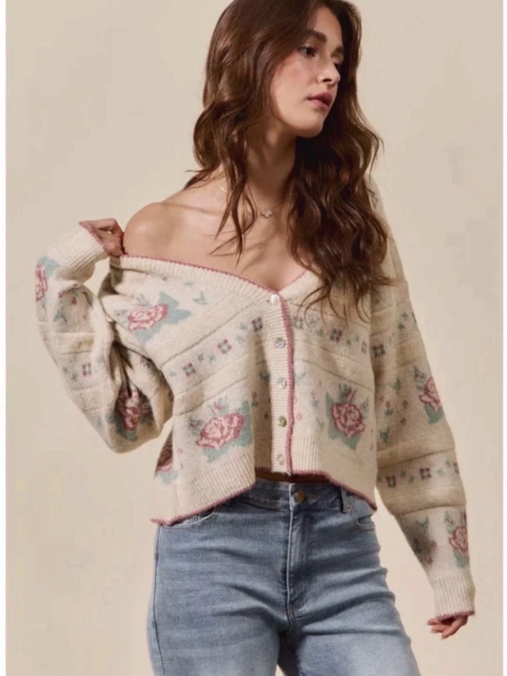 SO ME Floral Pattern Cardigan Long Sleeve Button Sweater Size Large - Picture 2 of 6
